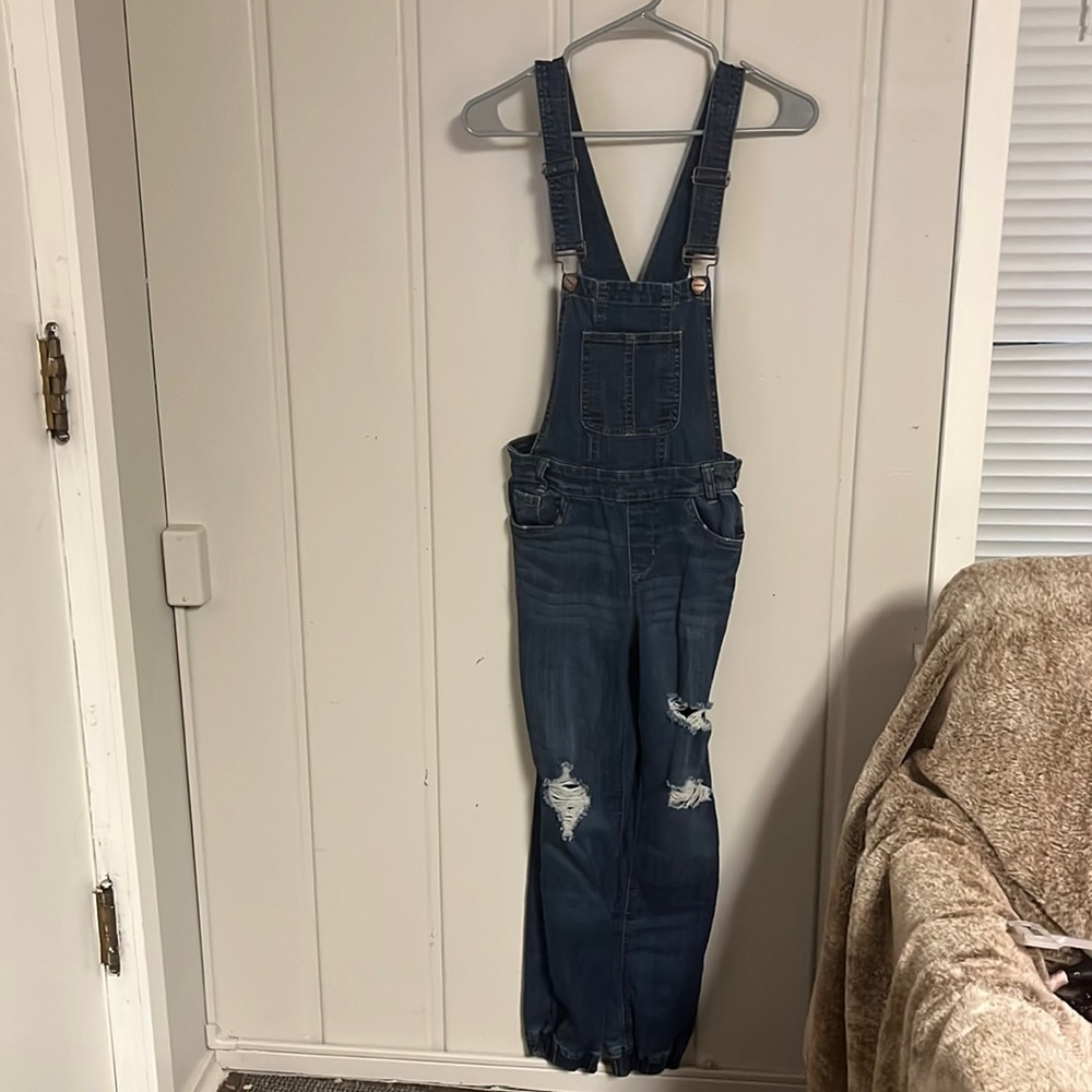 Dollhouse Distressed Denim Overalls w/ Jogger Bottom, Size 1
